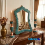 Packaging view of Turquoise Inlaid Mirror Candleholder Set Narrow Waist label and