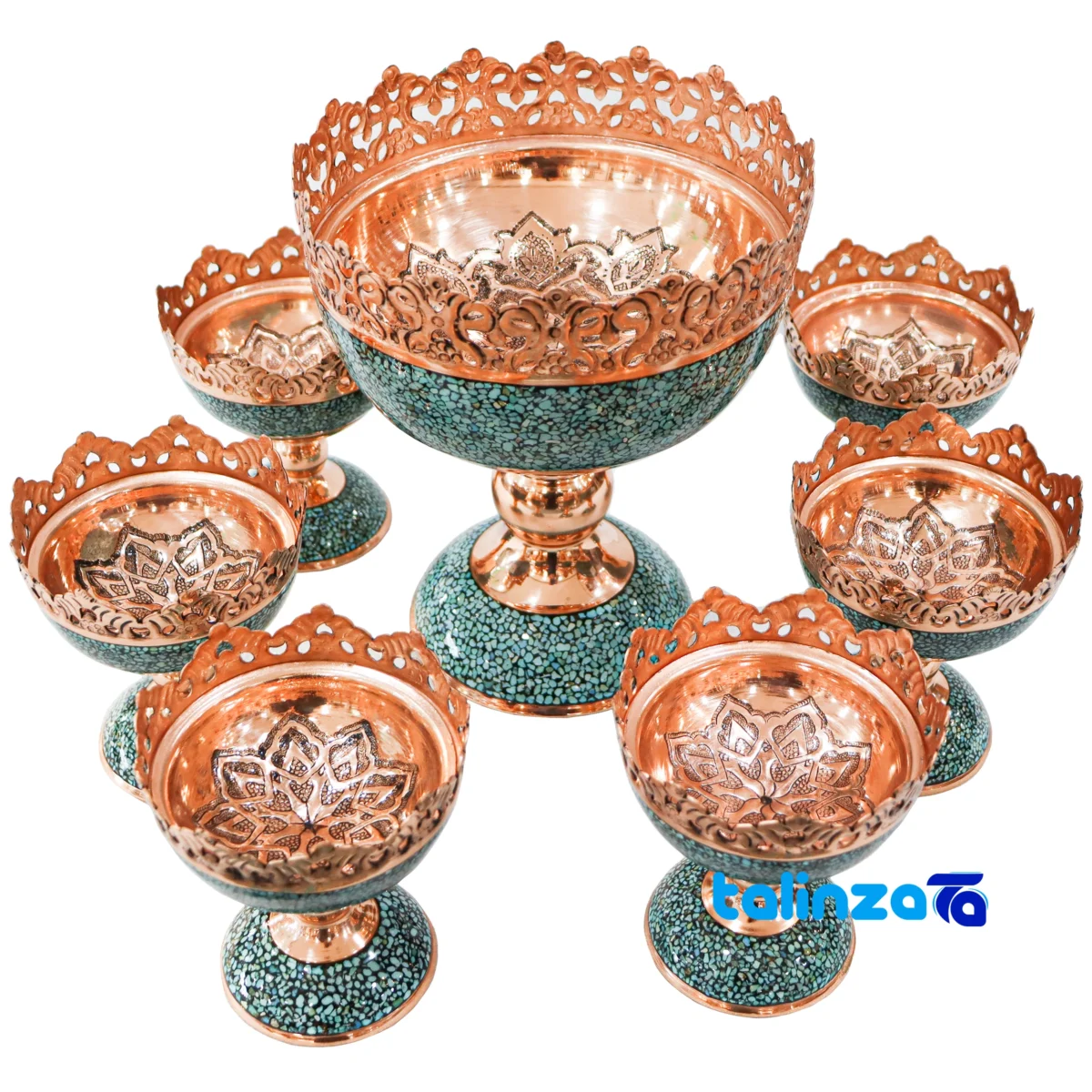 Detail view of Turquoise Inlaid Copper Nut Fruit Set Decorative, functional nuts close-up texture