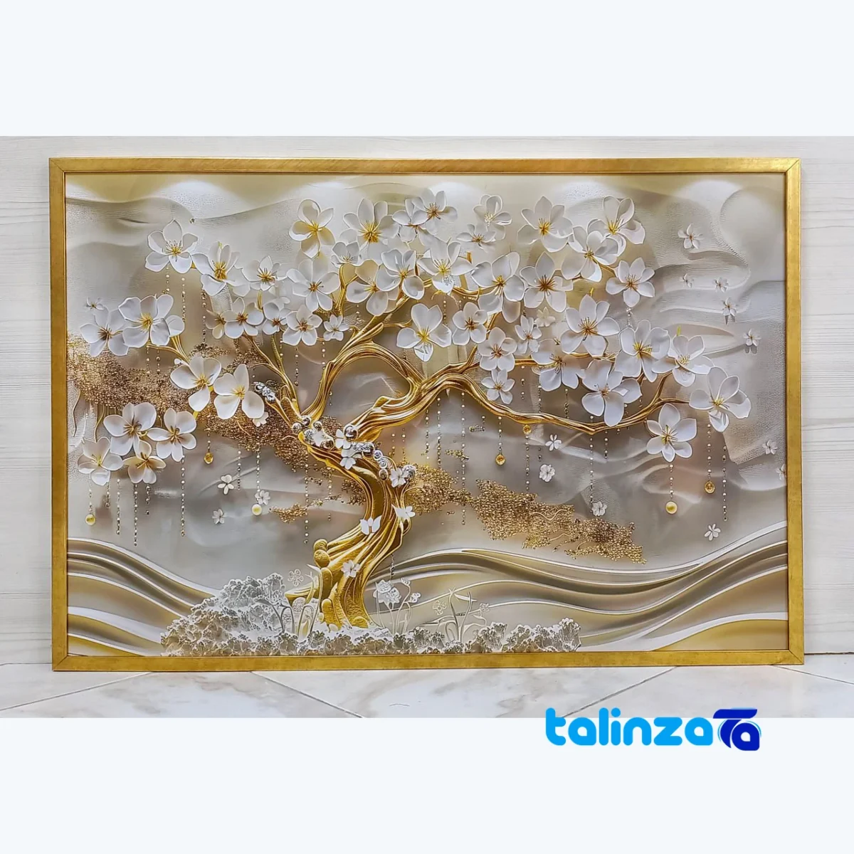 Decorative Tree Blossom Wall Art with Golden Frame label and packaging view)