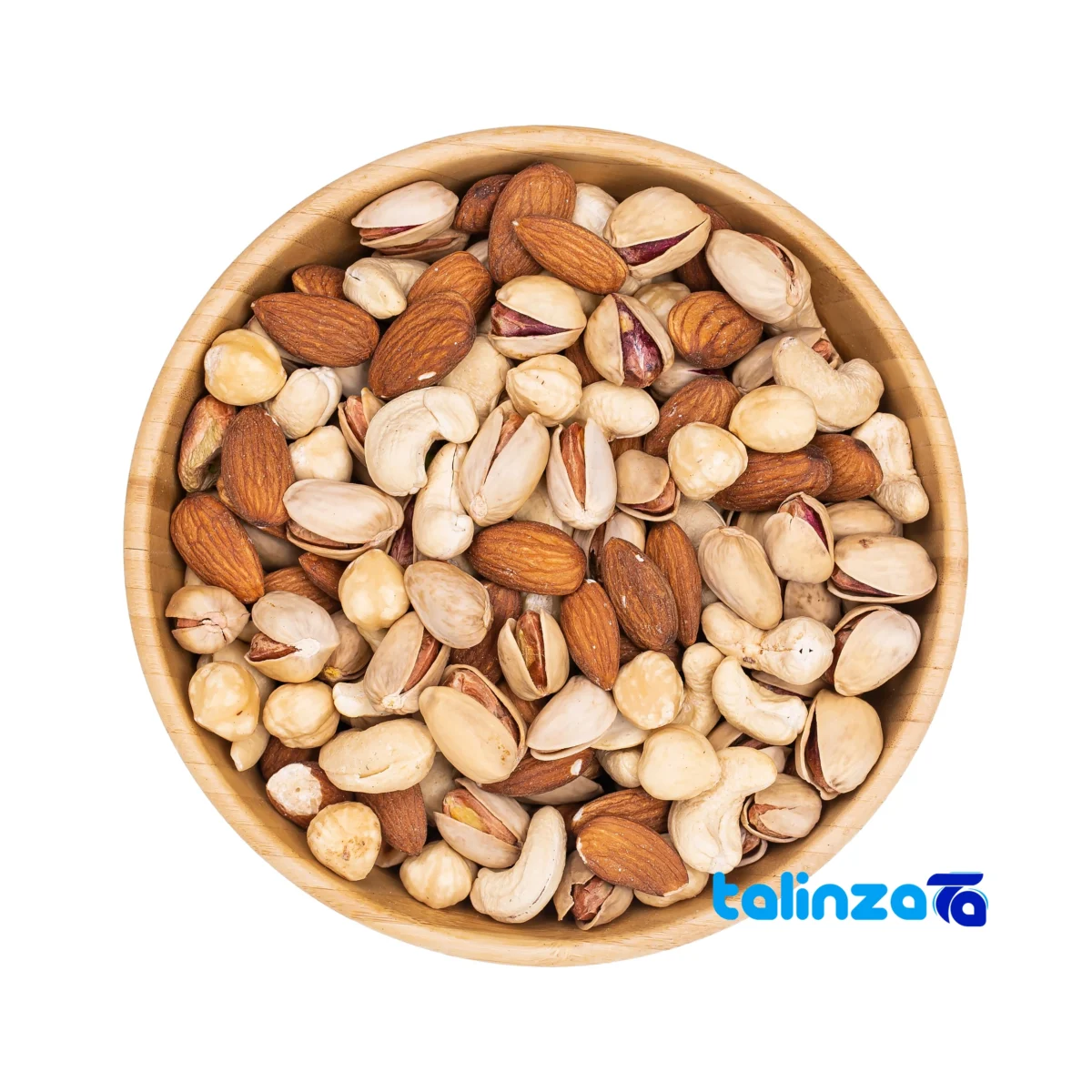 Packaging view of Raw Four-Nut Mix Red Almonds Salted 1000 grams label and