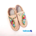 Kerman Beige Cotton Shoes with Embroidery Design - Packaging view showing label and