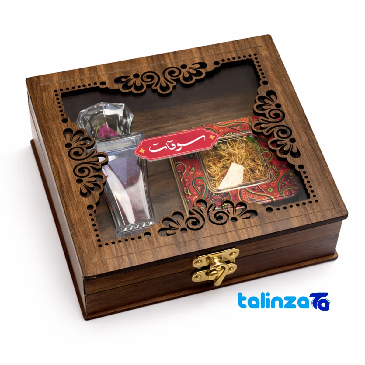 Packaging view of Soghat Saffron Premium Gift Box with Accessories label details and pack finish
