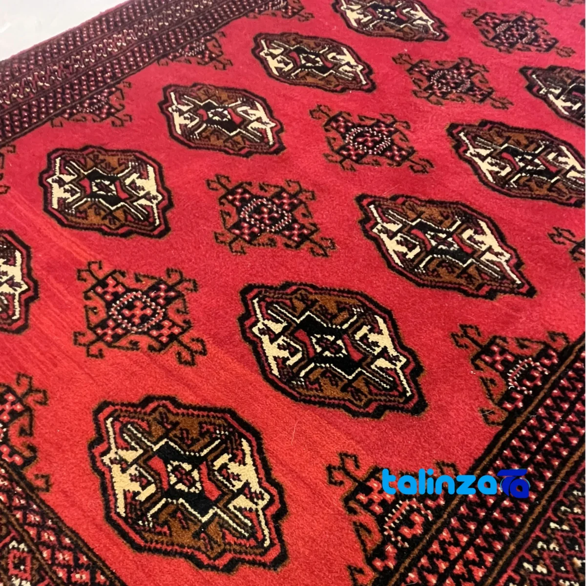 Traditional Handwoven Red Turkmen Carpet Hand wash only - Detail view showing pile texture close-up