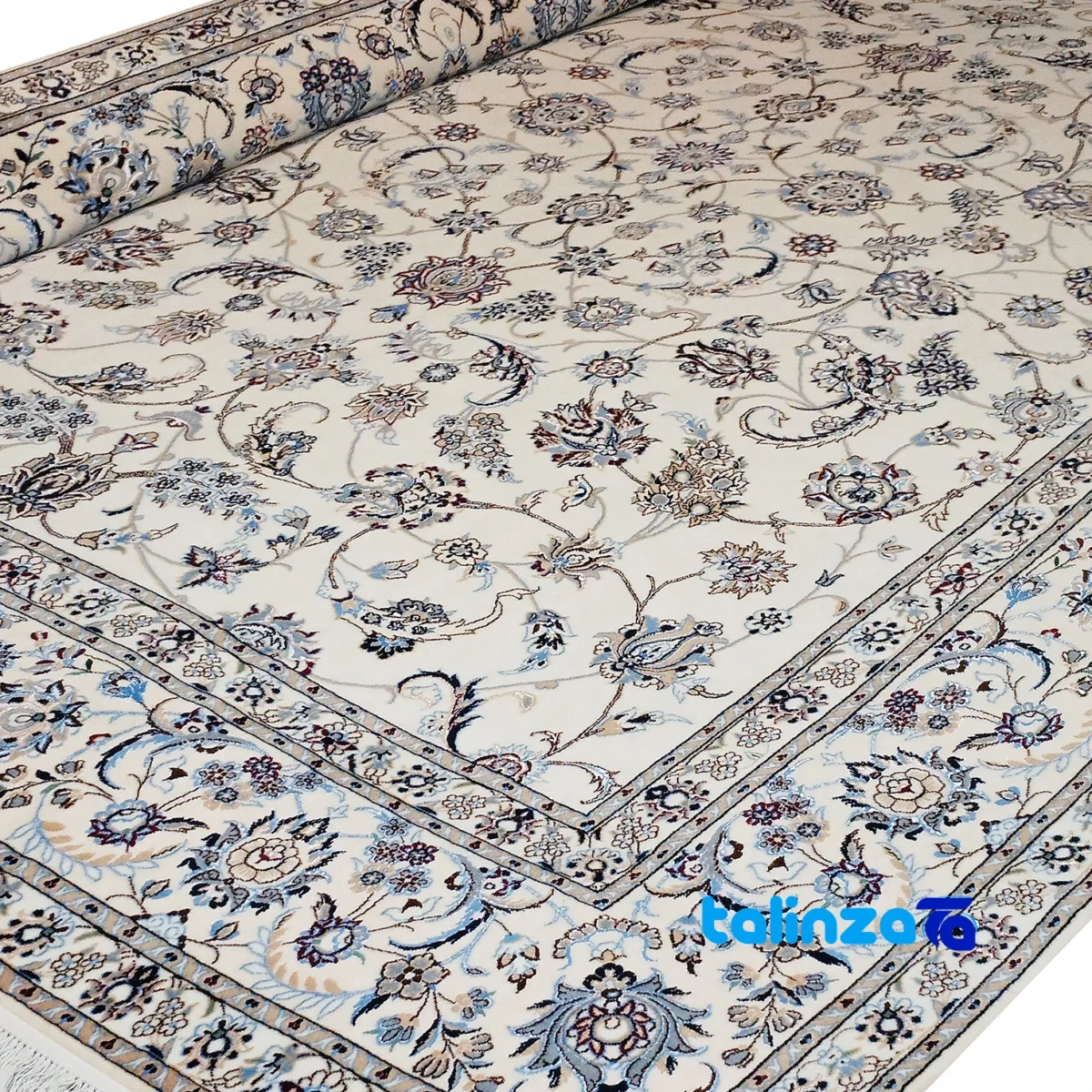 Nain Handwoven Carpet Afshan Design Cream pile texture close-up (Detail view)