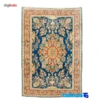 Weave close-up of Traditional Handwoven Carpet Blue Floral Design material and craftsmanship