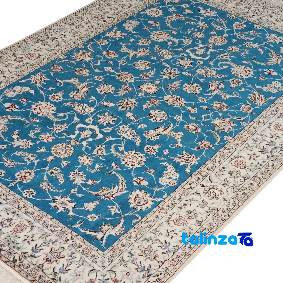 Detail view of Nain Handwoven Carpet Green-Blue Floral Design pile texture close-up