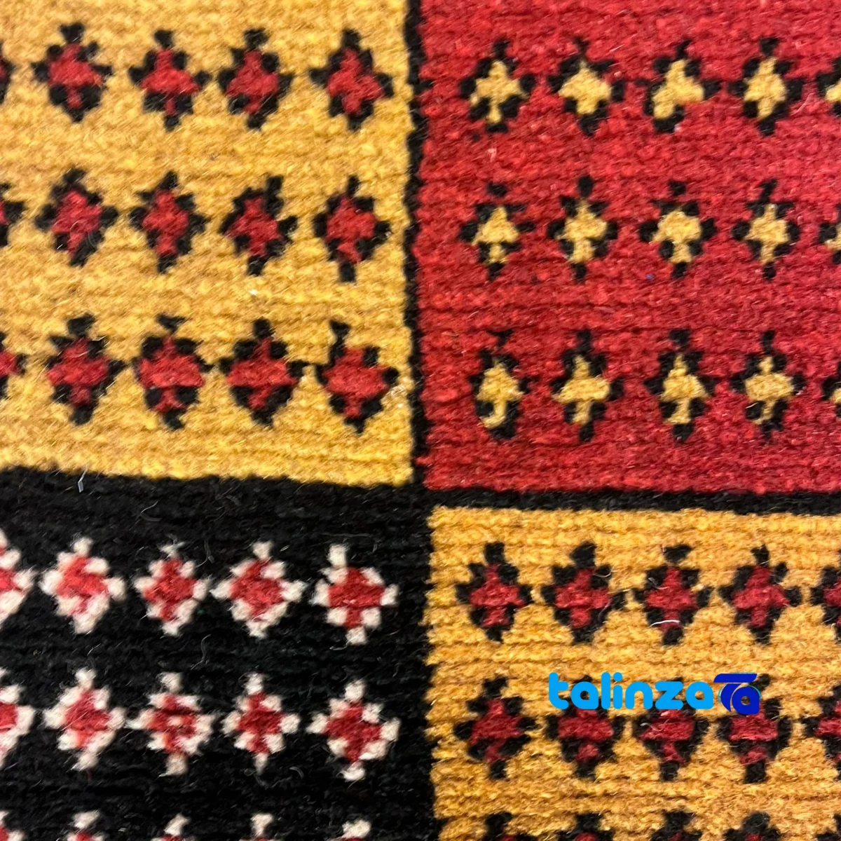 Turkmen Handwoven Carpet Red Design - Detail view showing pile texture close-up