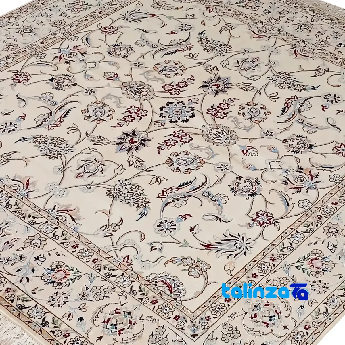 Nain Handwoven Carpet Square Design Natural Dye Cream - Detail view showing pile texture close-up