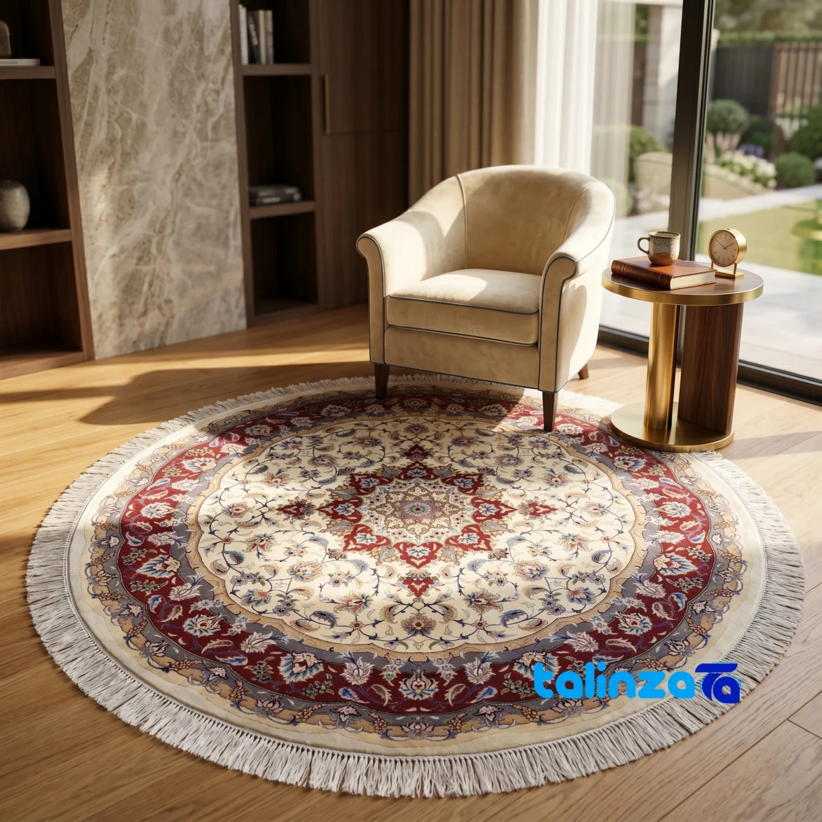 Persian Handwoven Carpet Circular Design Cream pile texture close-up (Detail view)