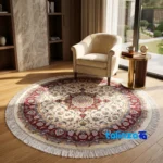 Persian Handwoven Carpet Circular Design Cream pile texture close-up (Detail view)
