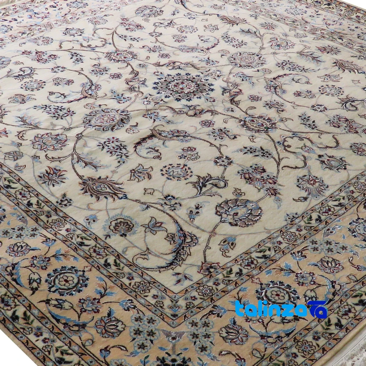 Detail view of Nain Handwoven Carpet Square Design Cream pile texture close-up