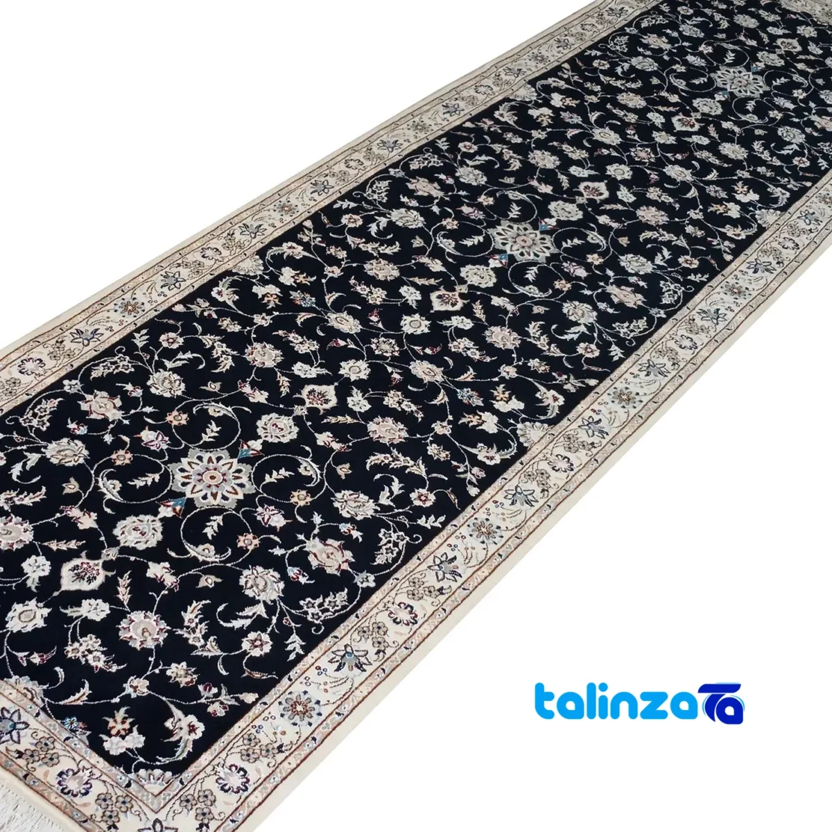 Nain Handwoven Area Rug Floral Design Navy Hand washable pile texture close-up (Detail view)