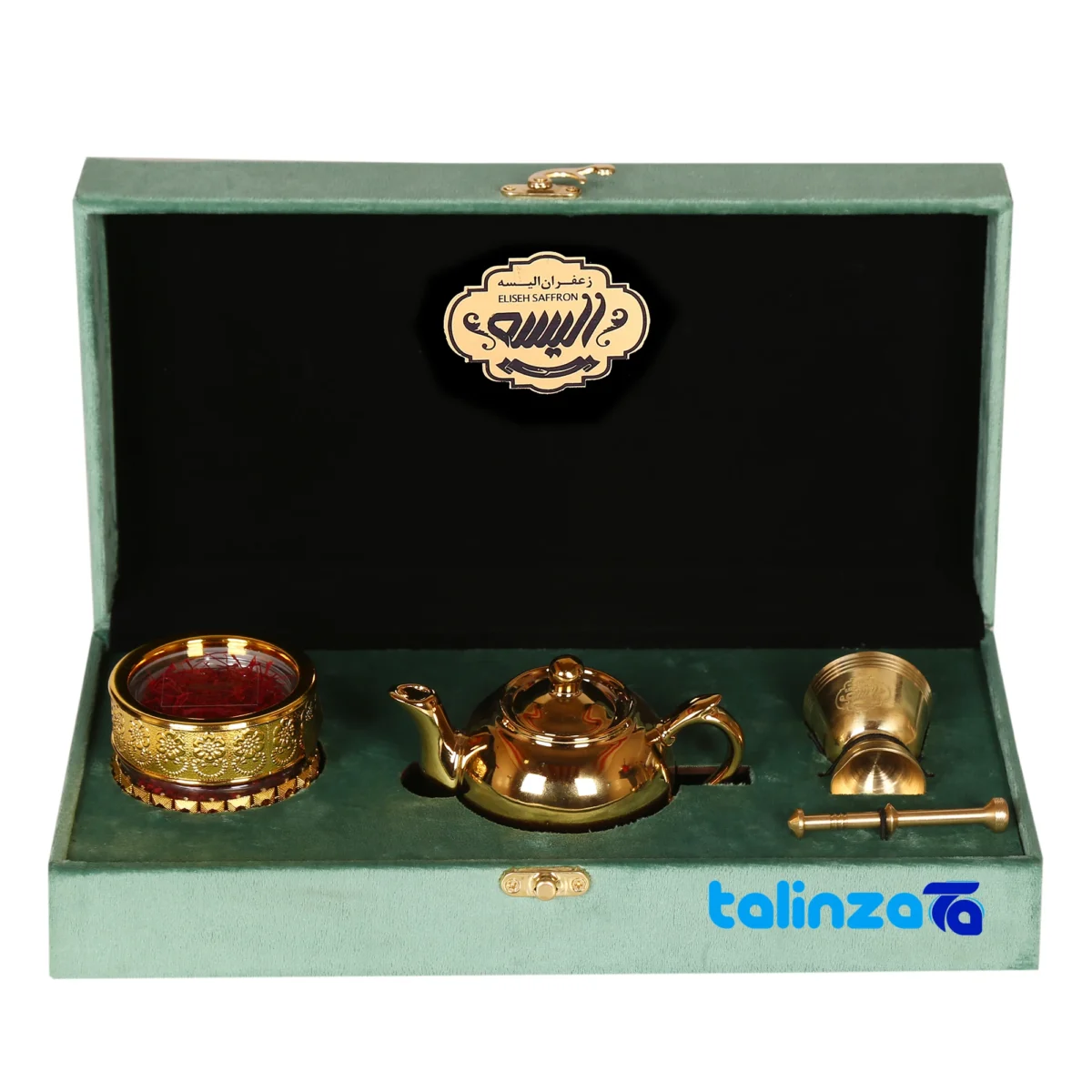 Packaging view of Eliseh Saffron Gift Set Teapot Mortar label details and pack finish