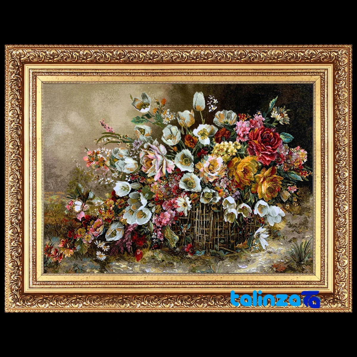 Detail view of Handmade Carpet Wall Art Flower Basket pile texture close-up
