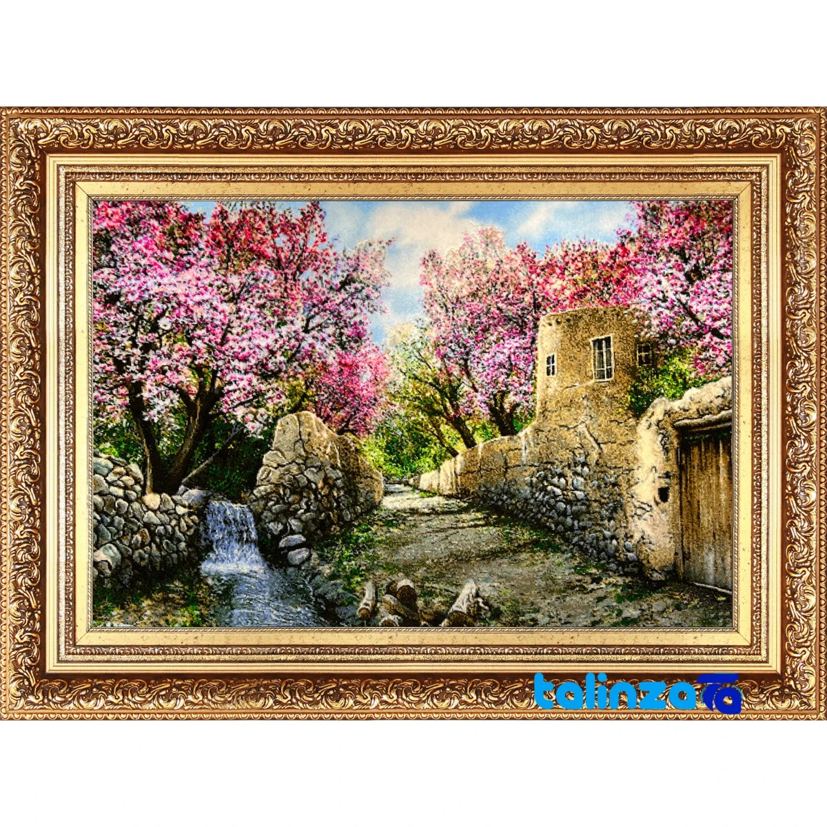 Detail view of Mirnazami Handwoven Carpet Wall Art Spring Blossom Scene pile texture close-up