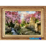 Detail view of Mirnazami Handwoven Carpet Wall Art Spring Blossom Scene pile texture close-up