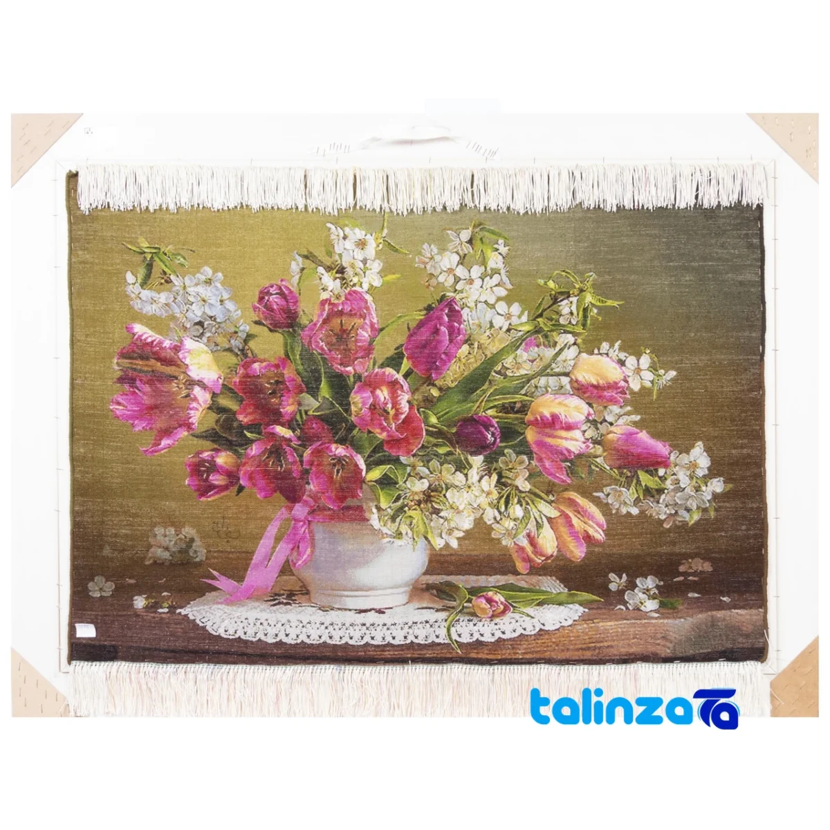 Detail view of C Persia Handwoven Carpet Wall Art Floral Ceramic Frame pile texture close-up