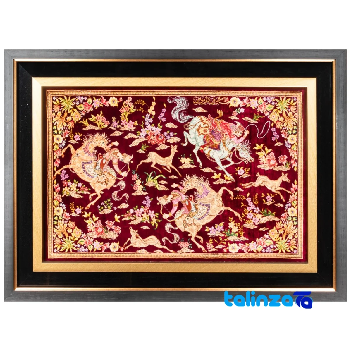 Detail view of C Persia Handwoven Tapestry Miniature Hunting Scene pile texture close-up