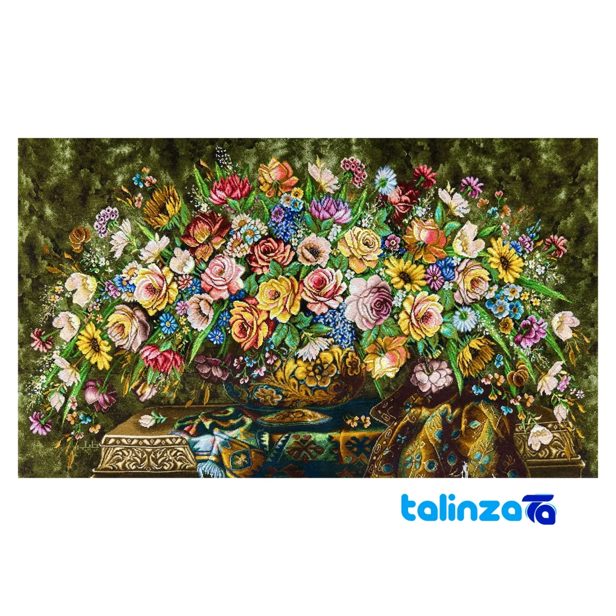 Detail view of Mirnazami Handwoven Tapestry Flower Design Framed pile texture close-up