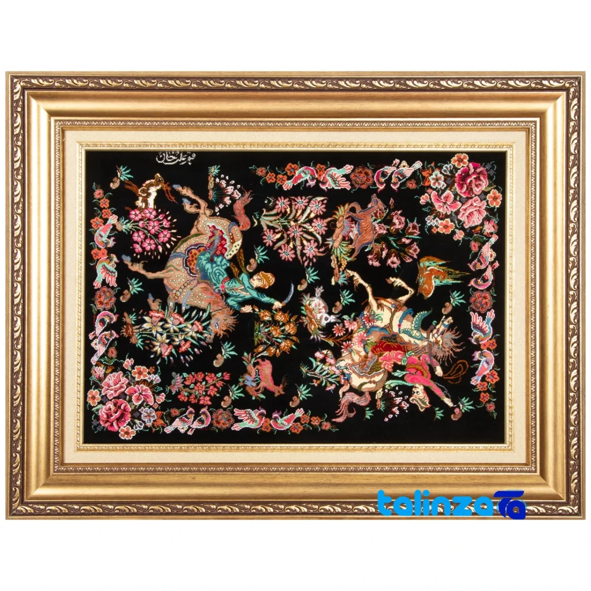 Detail view of C Persia Handwoven Tapestry Miniature Hunting Scene pile texture close-up