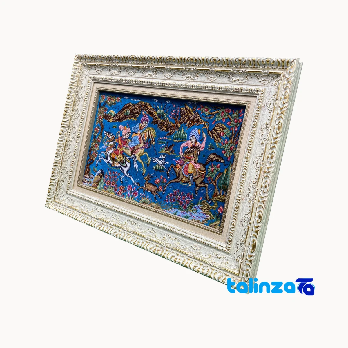 Packaging view of Handmade Fantasy Tapestry Hunting Scene label and