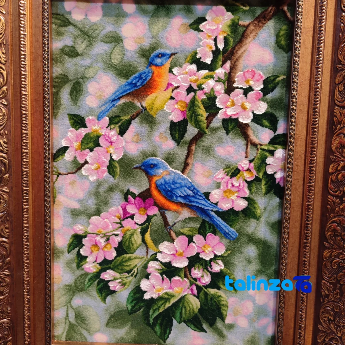 Detail view of RAR Handwoven Carpet Wall Art Spring Birds Design pile texture close-up