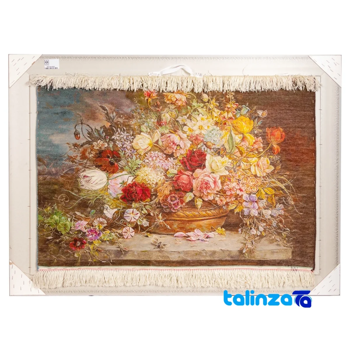 Detail view of Si Persia Handwoven Carpet Wall Art Flower in Stone Pot pile texture close-up