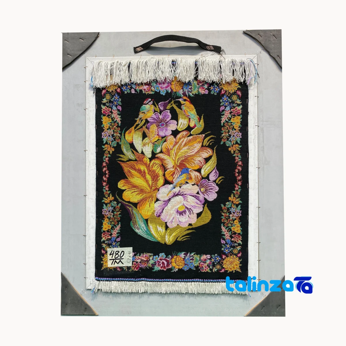 Detail view of Handmade Carpet Wall Art Floral Design pile texture close-up