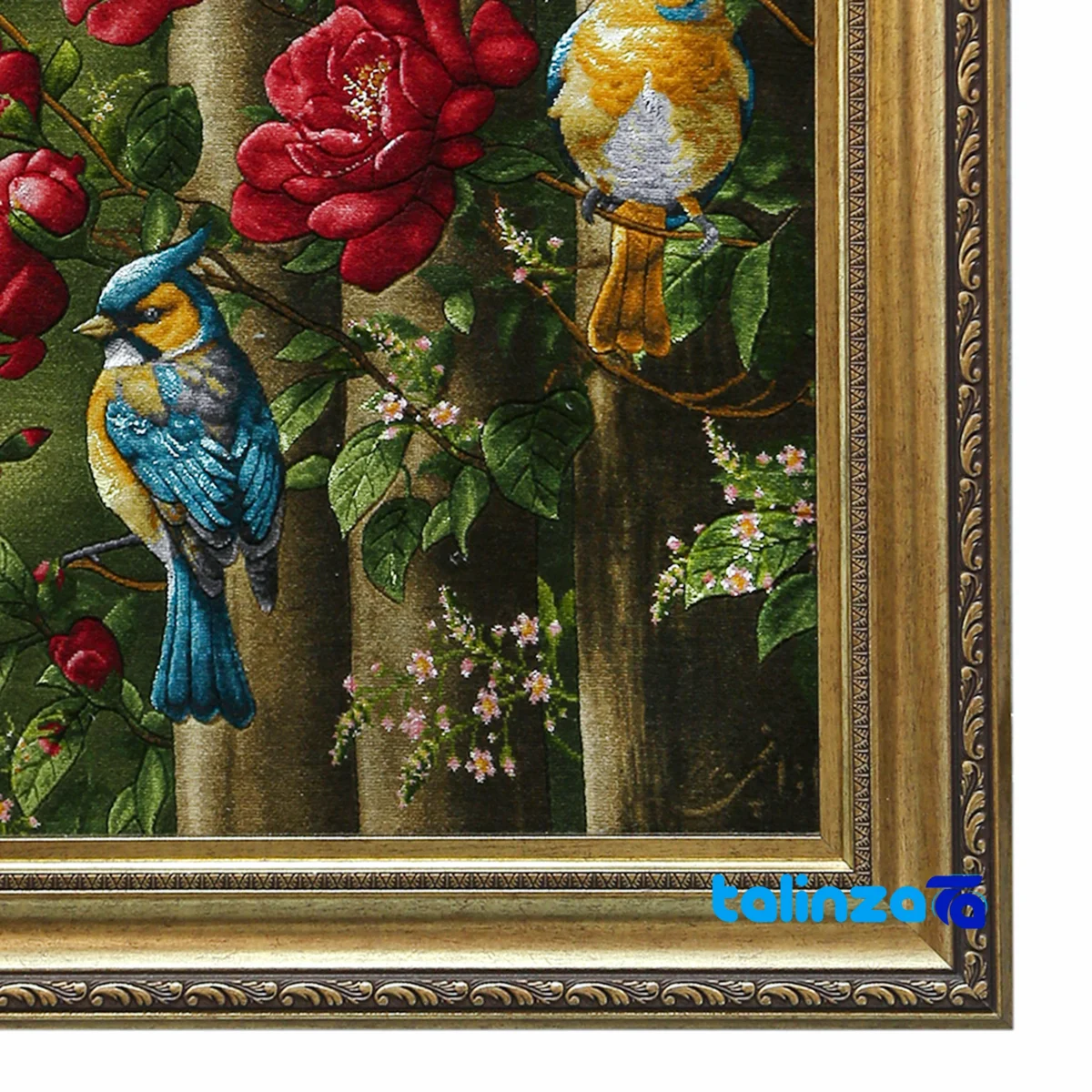 Detail view of Nazgol Handwoven Carpet Wall Art Bird Design pile texture close-up