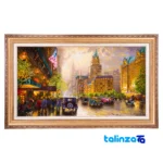 Detail view of Si Persia Handwoven Tapestry New York Rain Scene pile texture close-up