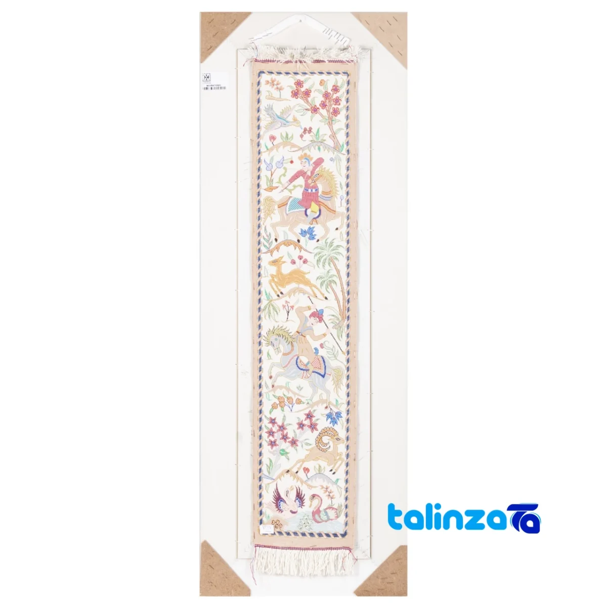 Detail view of C Persia Handwoven Carpet Wall Art Hunting Scene pile texture close-up