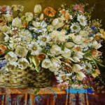 Detail view of Handmade Carpet Wall Art Floral Design Basket Code 89 pile texture close-up