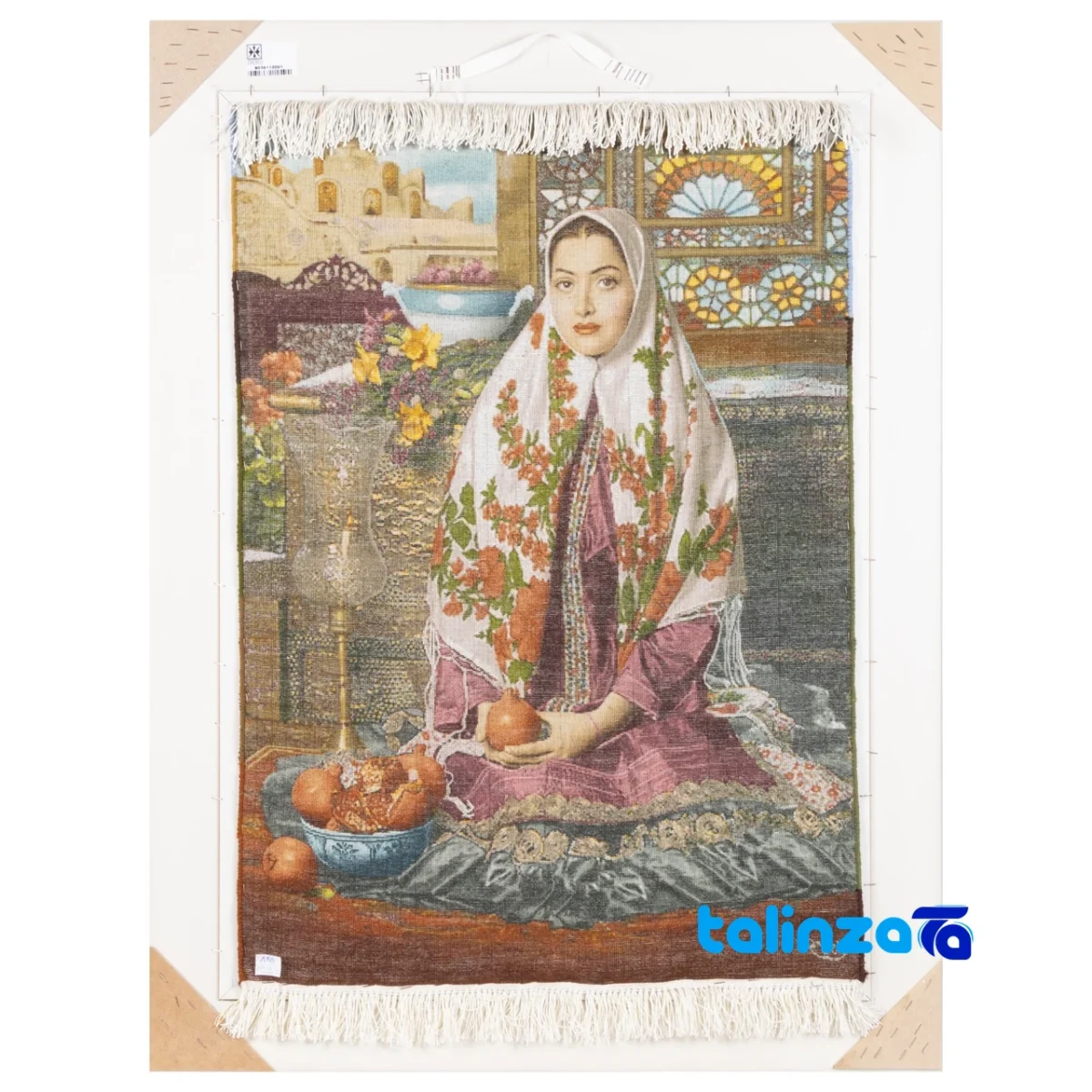 Detail view of C Persia Handwoven Carpet Wall Art Girl Kashan pile texture close-up