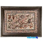 Detail view of Handwoven Carpet Wall Art Hunting Scene pile texture close-up
