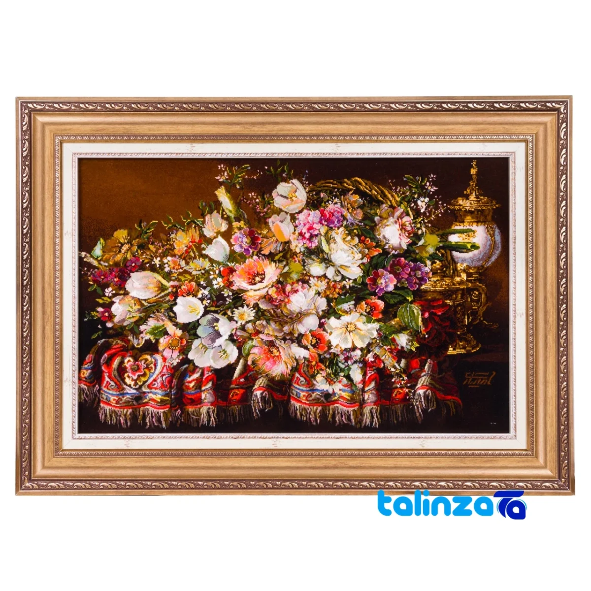 Detail view of C Persia Handwoven Carpet Wall Art Flower Basket pile texture close-up