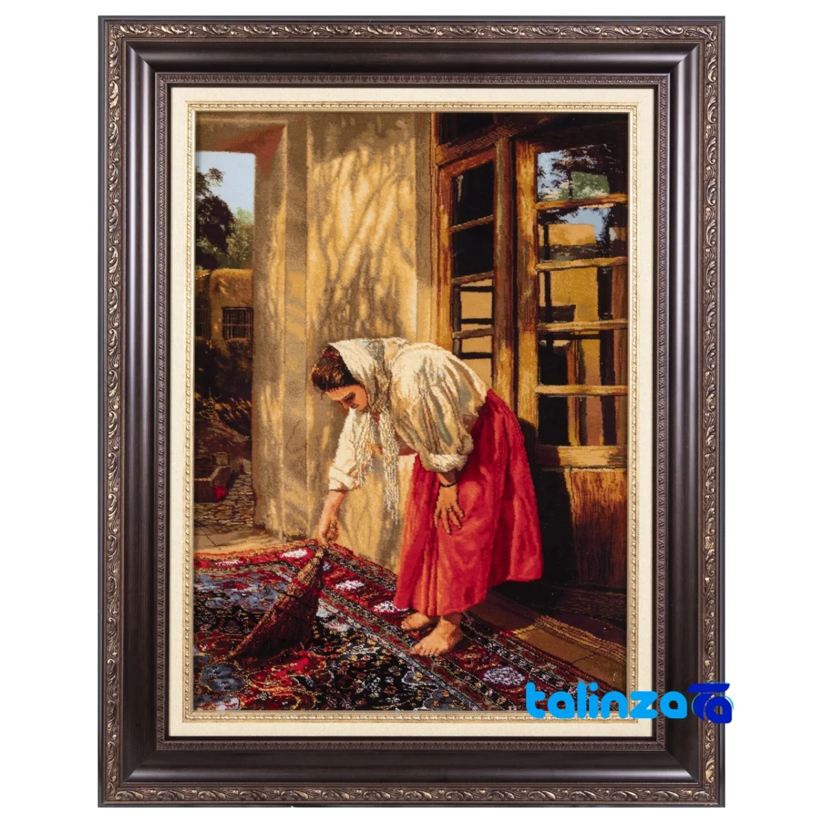 Detail view of C Persia Handwoven Carpet Tapestry Girl Sweeping pile texture close-up