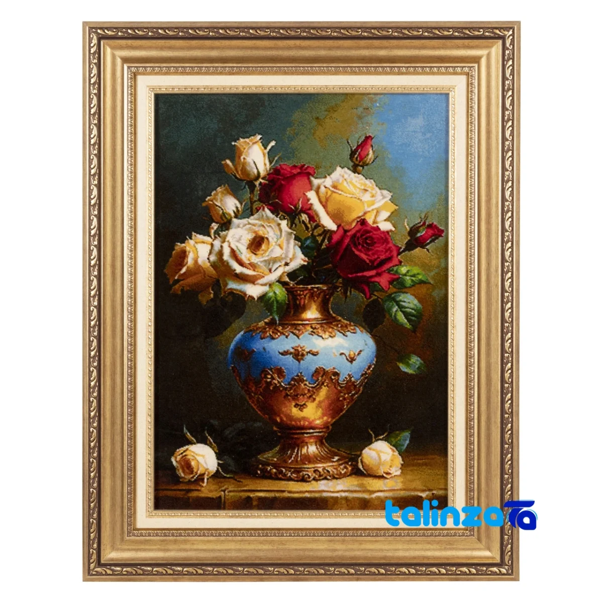 Detail view of Si Persia Handwoven Carpet Wall Art Flower in Vase pile texture close-up