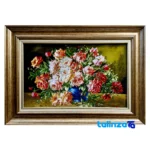 Detail view of Handwoven Carpet Wall Art Flower Basket Silk pile texture close-up