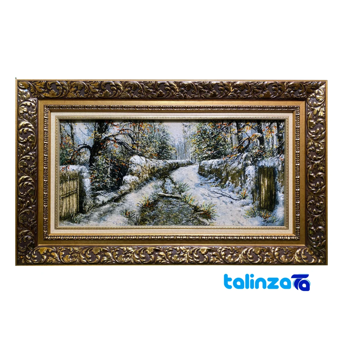 Detail view of Handwoven Tapestry Landscape Art with Frame pile texture close-up
