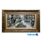 Detail view of Handwoven Tapestry Landscape Art with Frame pile texture close-up