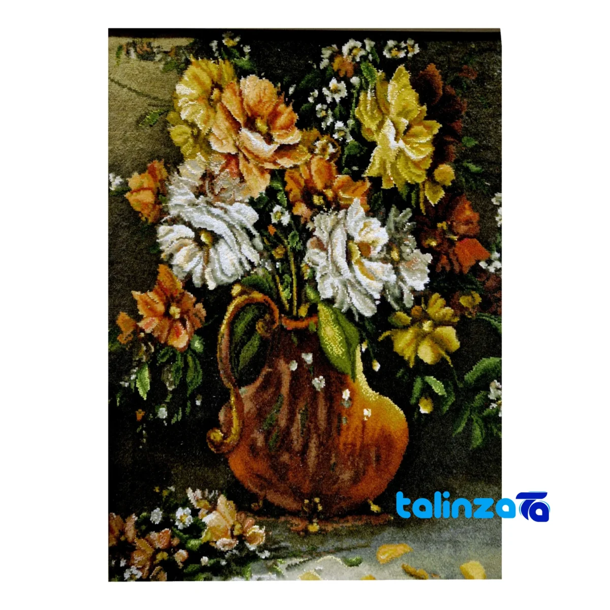 Detail view of Handmade Carpet Wall Art Flower Design Silk pile texture close-up
