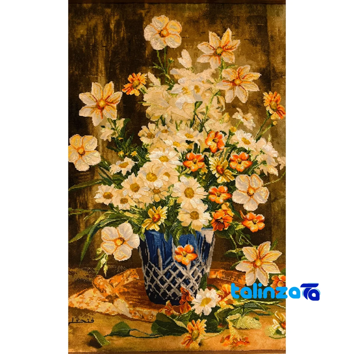 Detail view of Handmade Carpet Wall Art Flower Vase NKP.R31 Design pile texture close-up