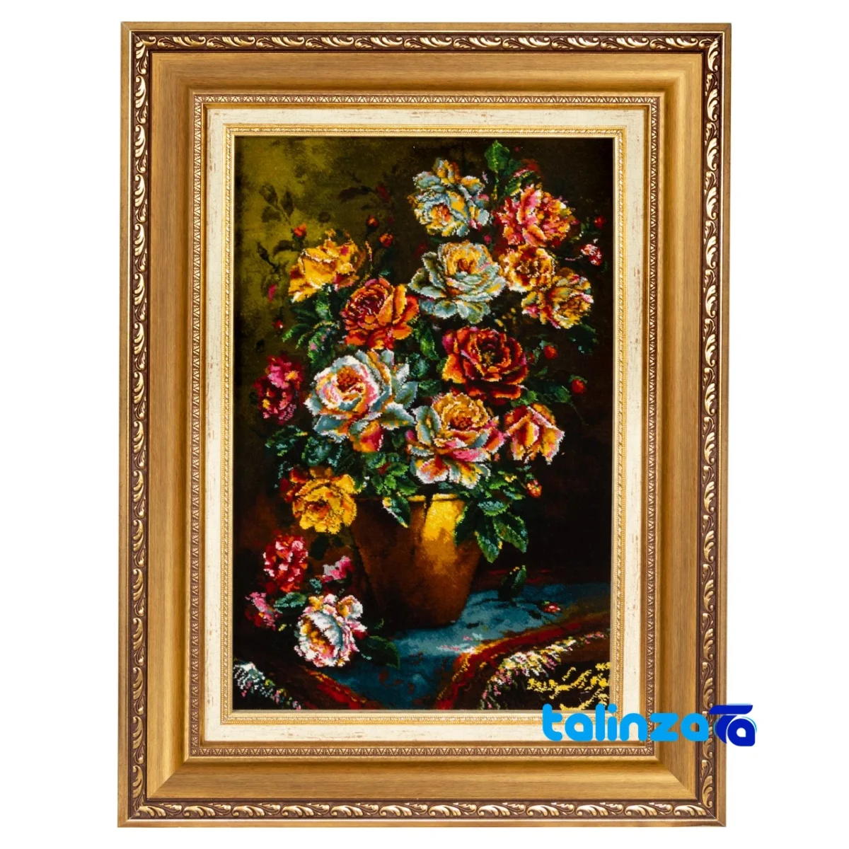 Packaging view of C Persia Handwoven Tapestry Flower in Vase Design label and
