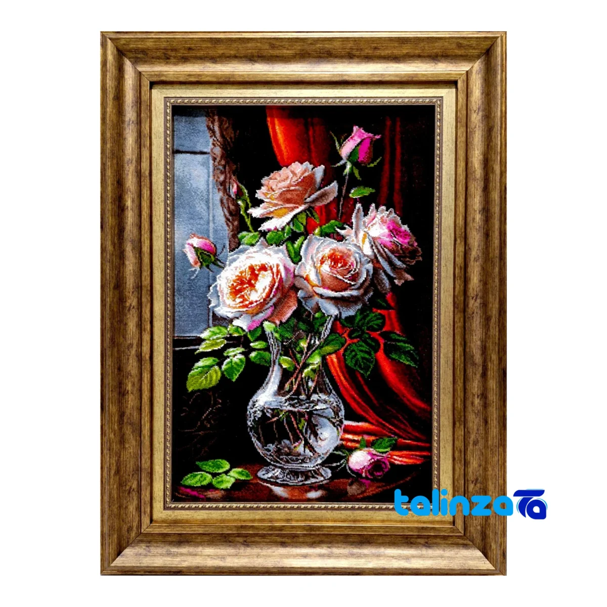 Detail view of Handmade Carpet Wall Art Rose Glass Vase Design pile texture close-up