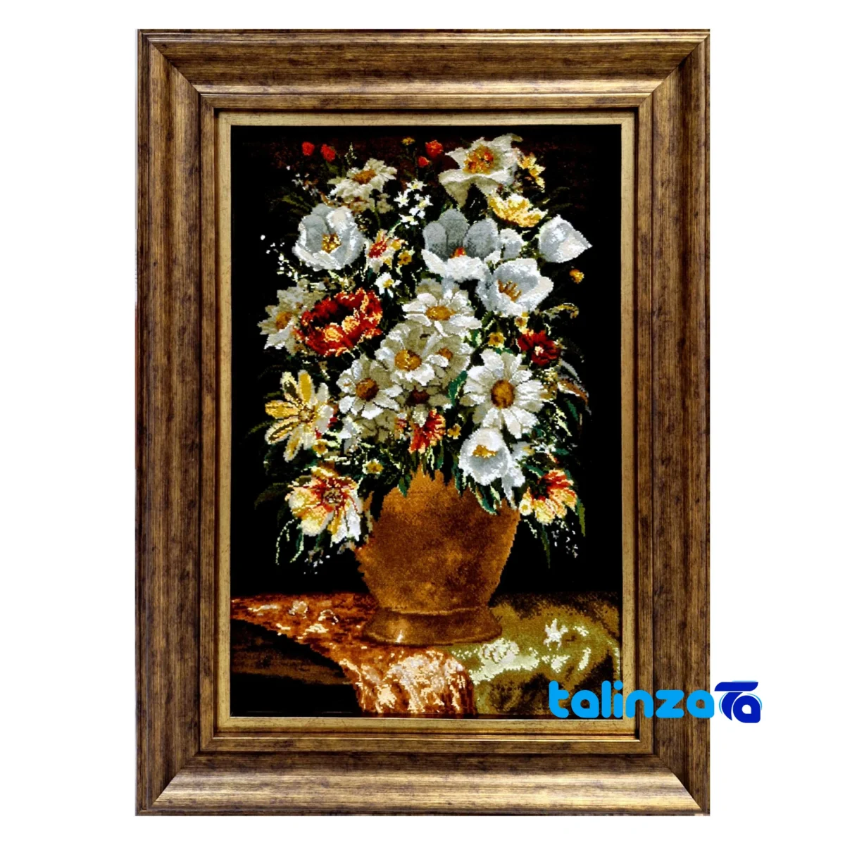 Detail view of Handmade Carpet Wall Art Flower Vase pile texture close-up
