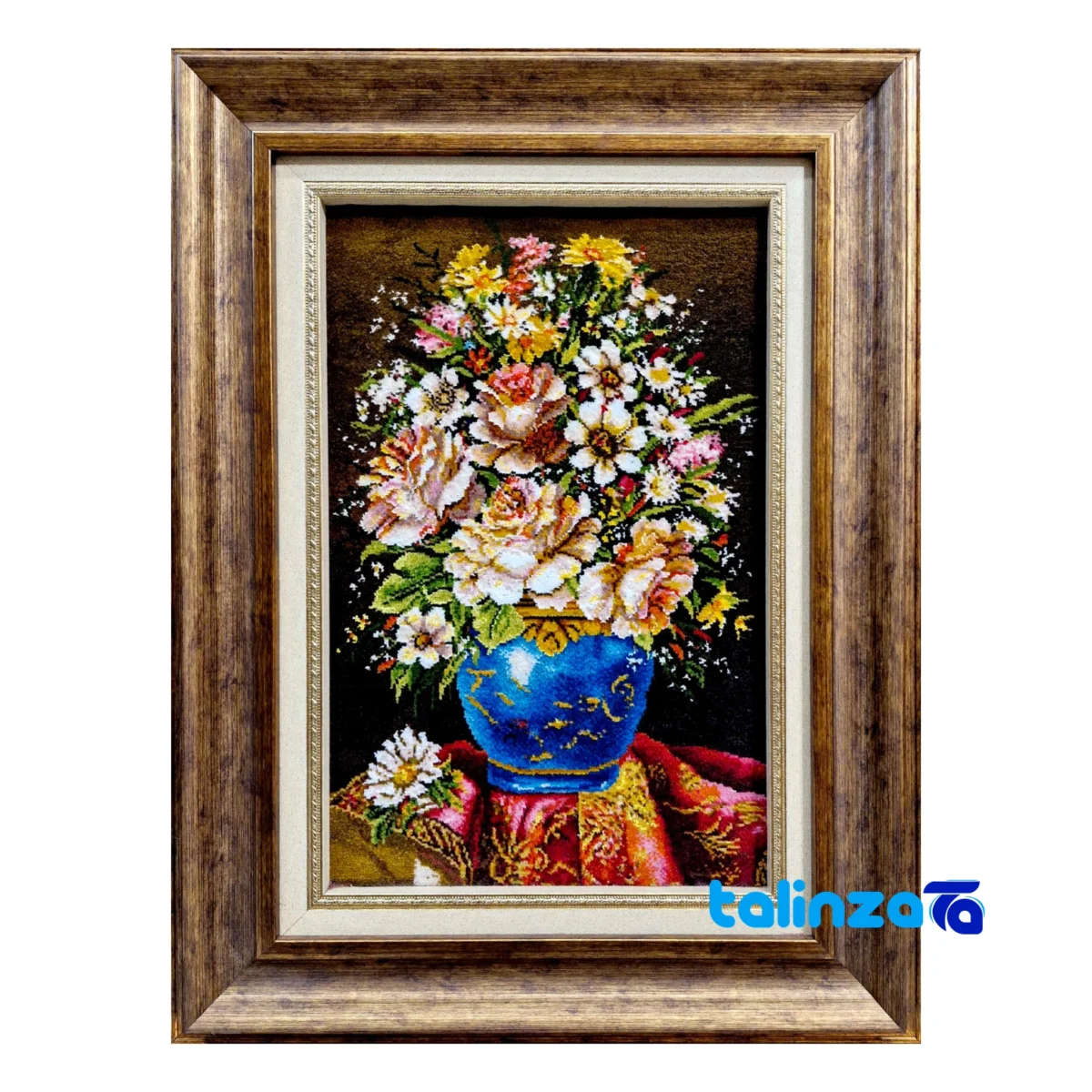 Detail view of Handmade Carpet Wall Art Flower Vase pile texture close-up