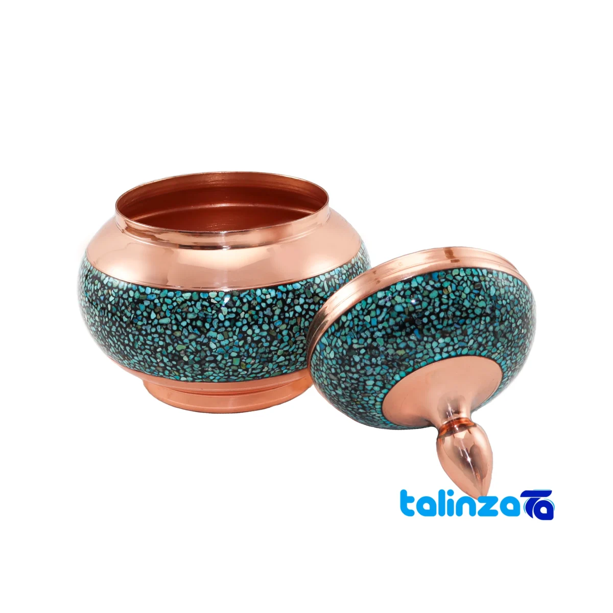 Front view of Shahpasand Turquoise Copper Tea Set 47 x 33 design and key details