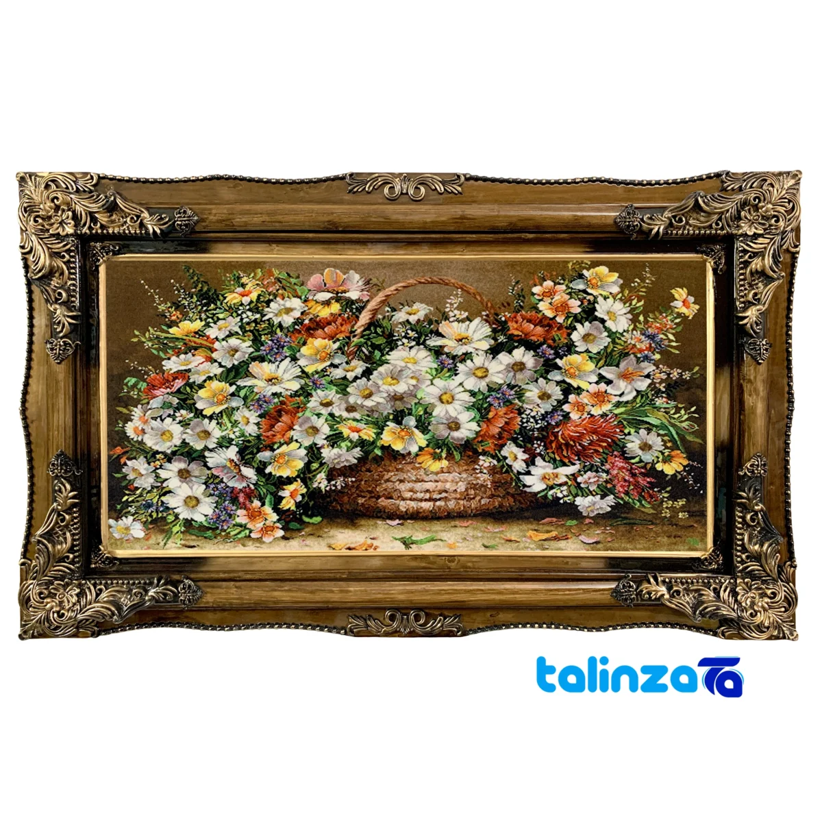 Edge view of Machine-Woven Carpet Wall Art Flower Basket Design border and finishing