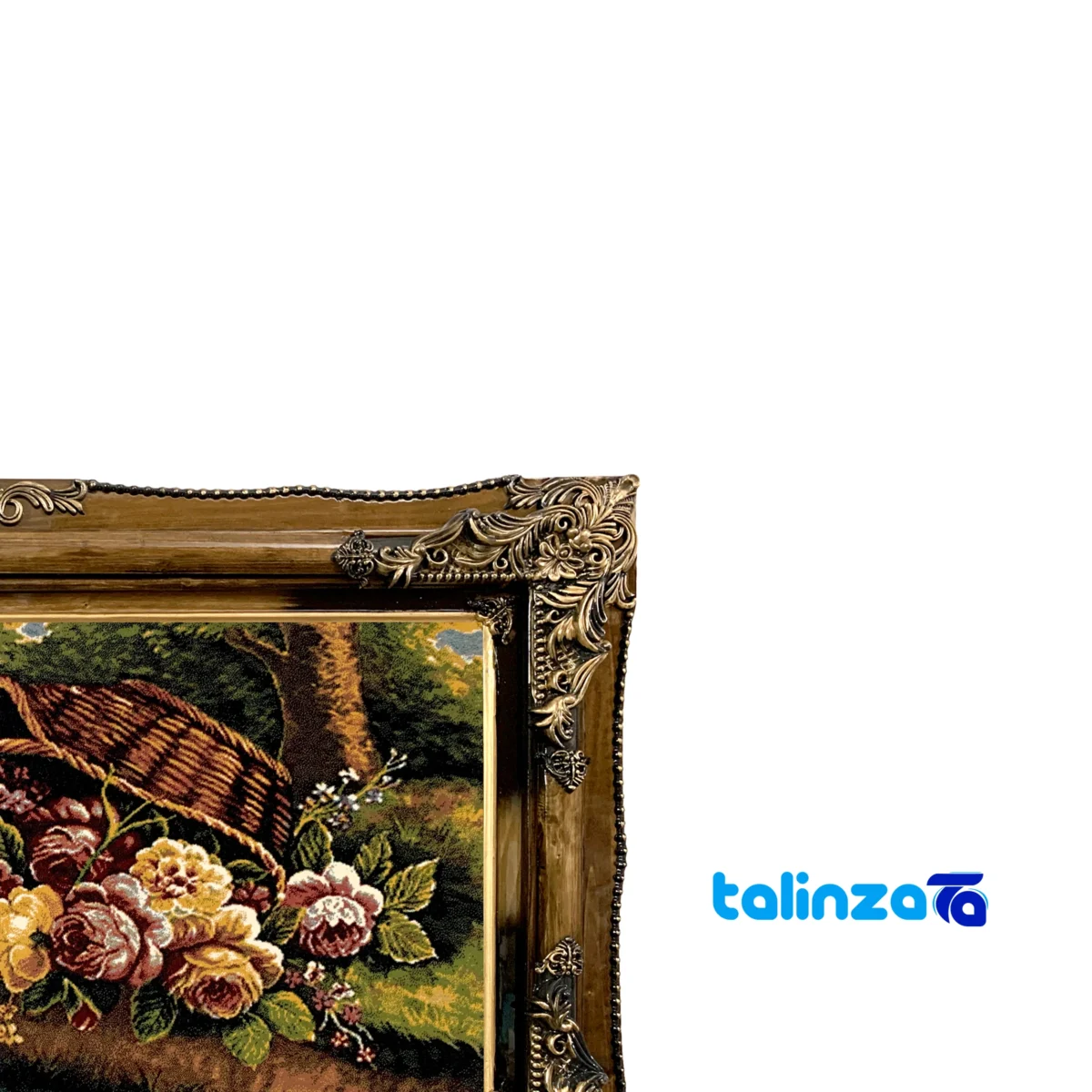 Edge view of Machine Woven Carpet Wall Art Flower Basket Design border and finishing