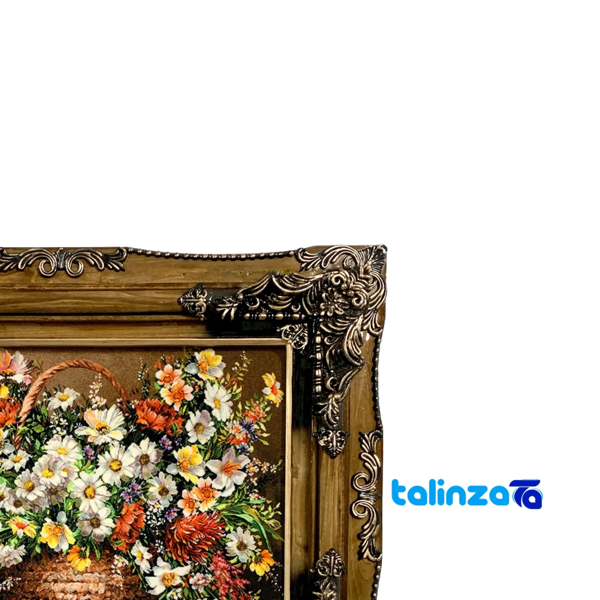 Edge view of Machine-Woven Carpet Wall Art Flower Basket Design border and finishing